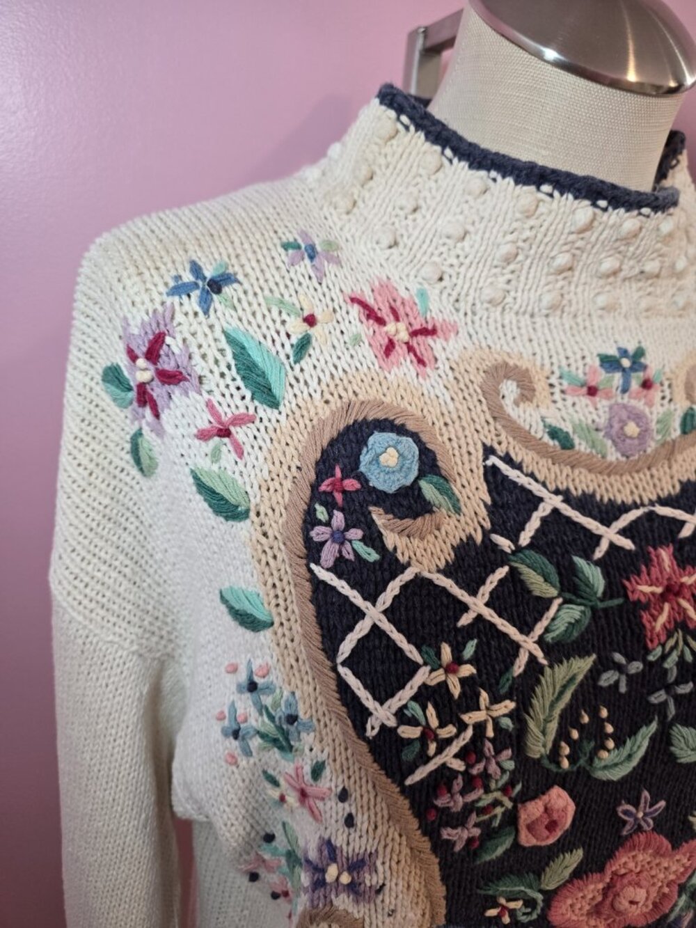 Beldoch Popper Floral Embroidered Knit Sweater Medium Cottagecore Shabby Chic - Picture 3 of 16